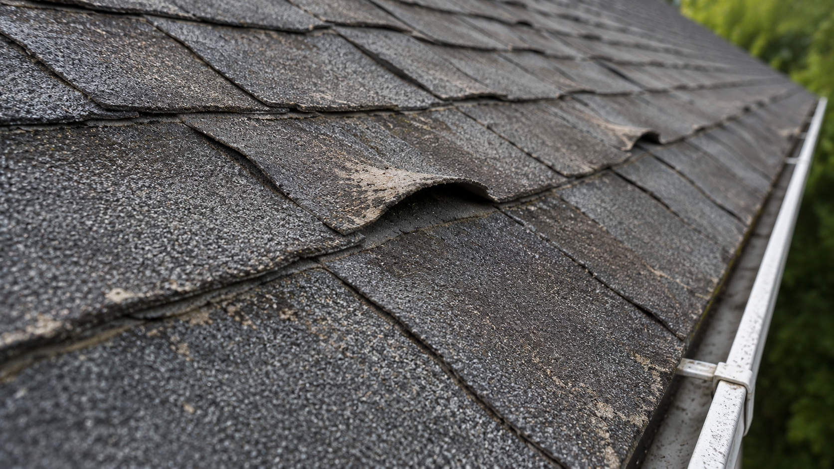 Close-up of damaged asphalt roof shingles curling near a gutter