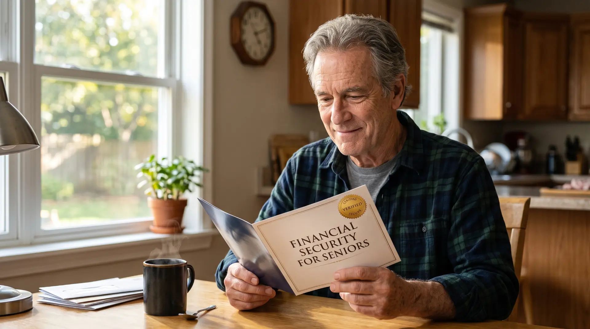 Senior man reviewing a Financial Security for Seniors brochure at his kitchen table